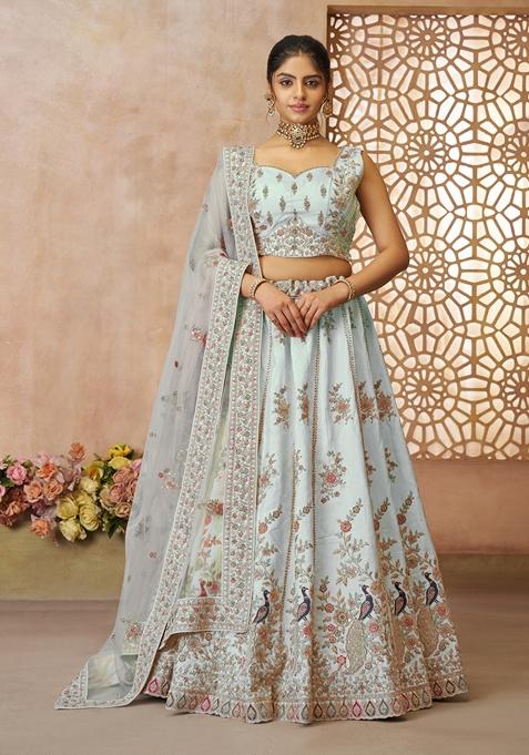 Sky Blue Sequin Work Silk Lehenga Set