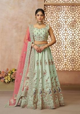 Green Sequin Work Silk Lehenga Set