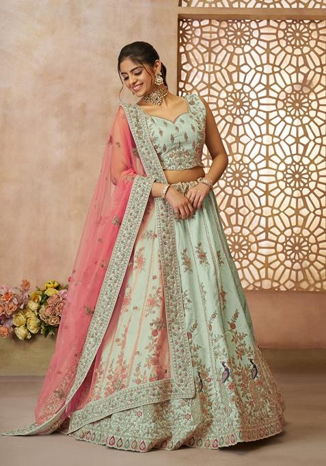 Green Sequin Work Silk Lehenga Set