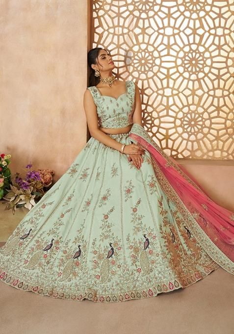 Green Sequin Work Silk Lehenga Set