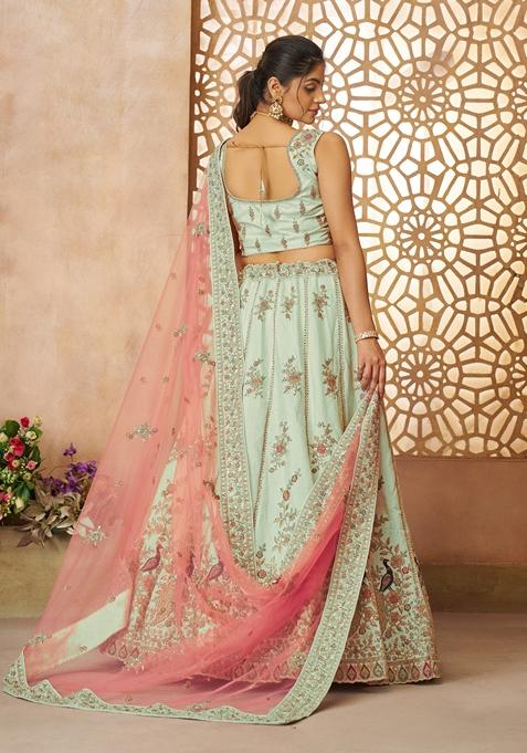 Green Sequin Work Silk Lehenga Set