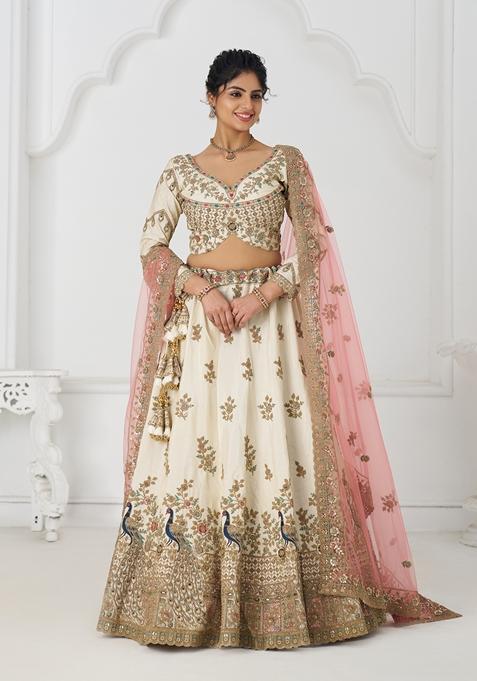 White Embroidered Silk Lehenga Set