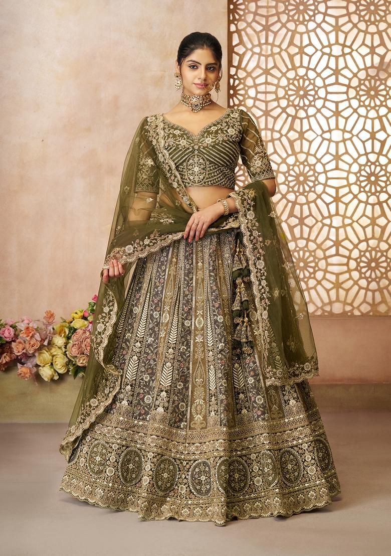 Mehendi Green Embroidered Net Lehenga Set