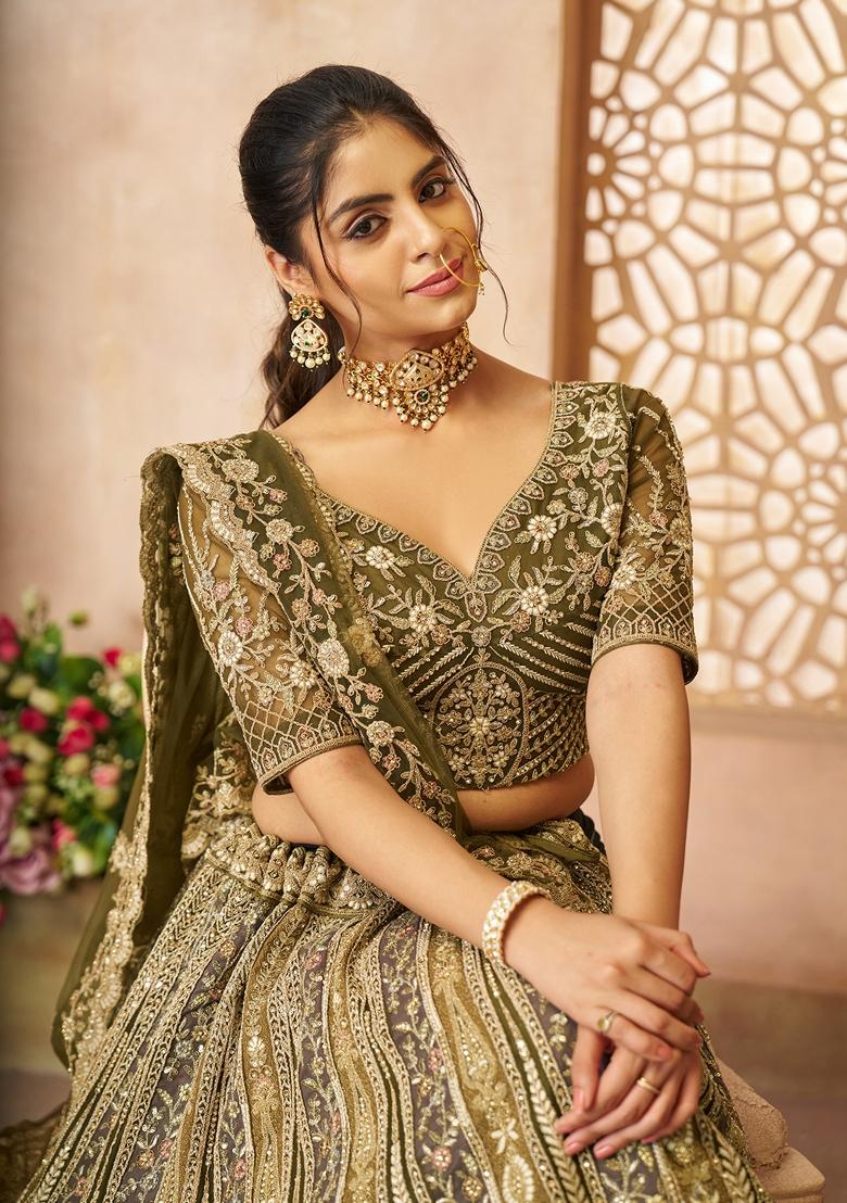 Mehendi Green Embroidered Net Lehenga Set