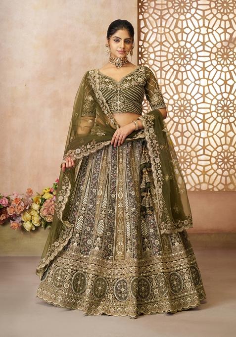 Mehendi Green Embroidered Net Lehenga Set