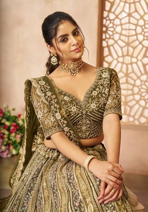 Mehendi Green Embroidered Net Lehenga Set