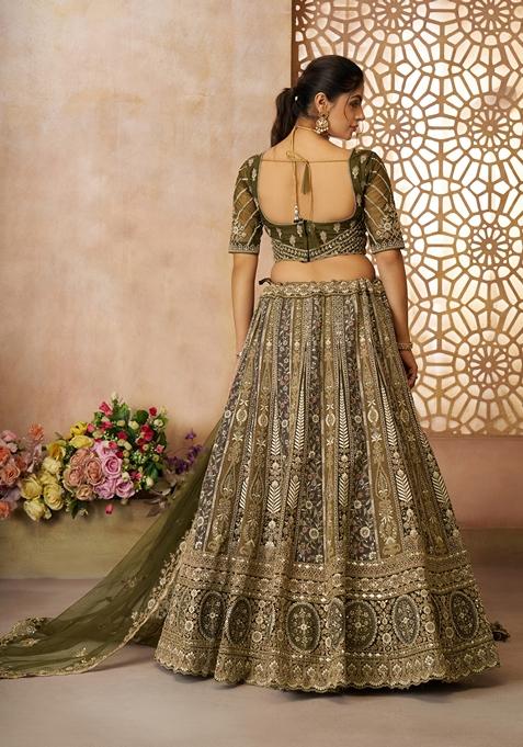 Mehendi Green Embroidered Net Lehenga Set