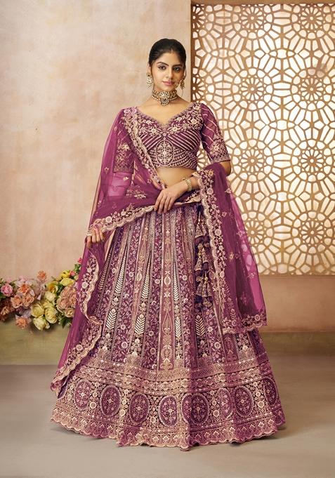 Dark Purple Embroidered Net Lehenga Set