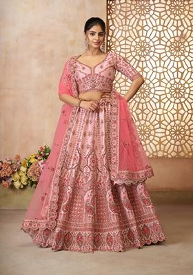 Pink Zari Work Silk Lehenga Set
