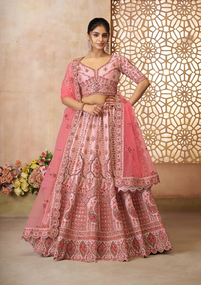 Pink Zari Work Silk Lehenga Set