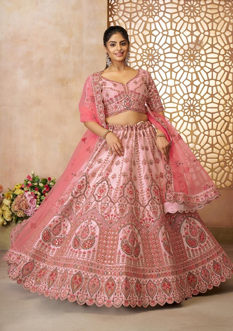 Pink Zari Work Silk Lehenga Set