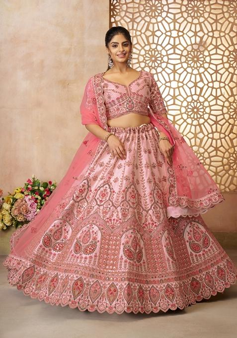 Pink Zari Work Silk Lehenga Set