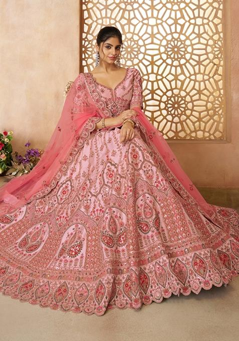 Pink Zari Work Silk Lehenga Set