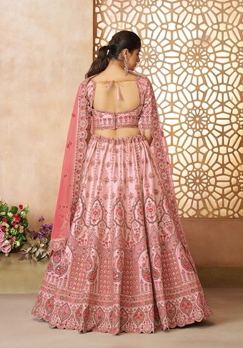 Pink Zari Work Silk Lehenga Set