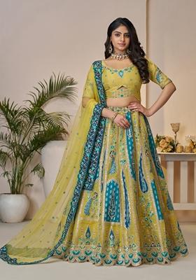 Yellow Sequin Work Banarasi Silk Lehenga Set