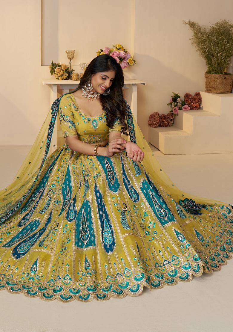 Yellow Sequin Work Banarasi Silk Lehenga Set