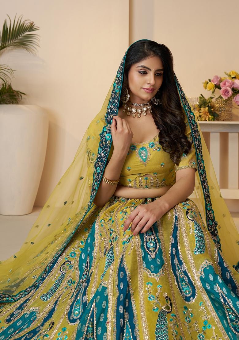 Yellow Sequin Work Banarasi Silk Lehenga Set
