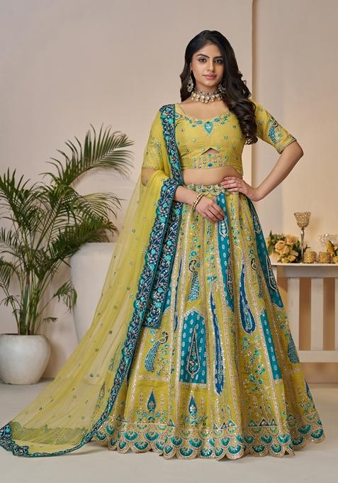Yellow Sequin Work Banarasi Silk Lehenga Set