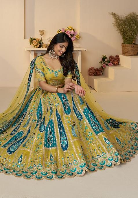 Yellow Sequin Work Banarasi Silk Lehenga Set