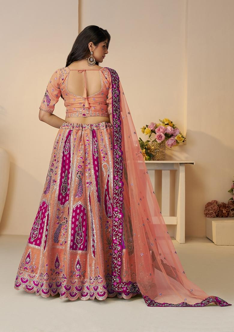 Orange Embroidered Banarasi Silk Lehenga Set