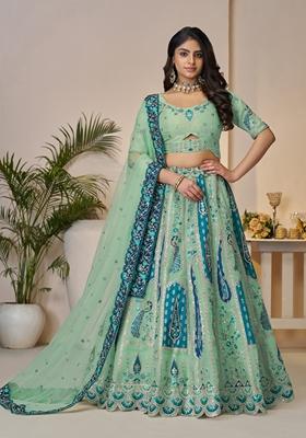 Sky Blue Embroidered Banarasi Silk Lehenga Set