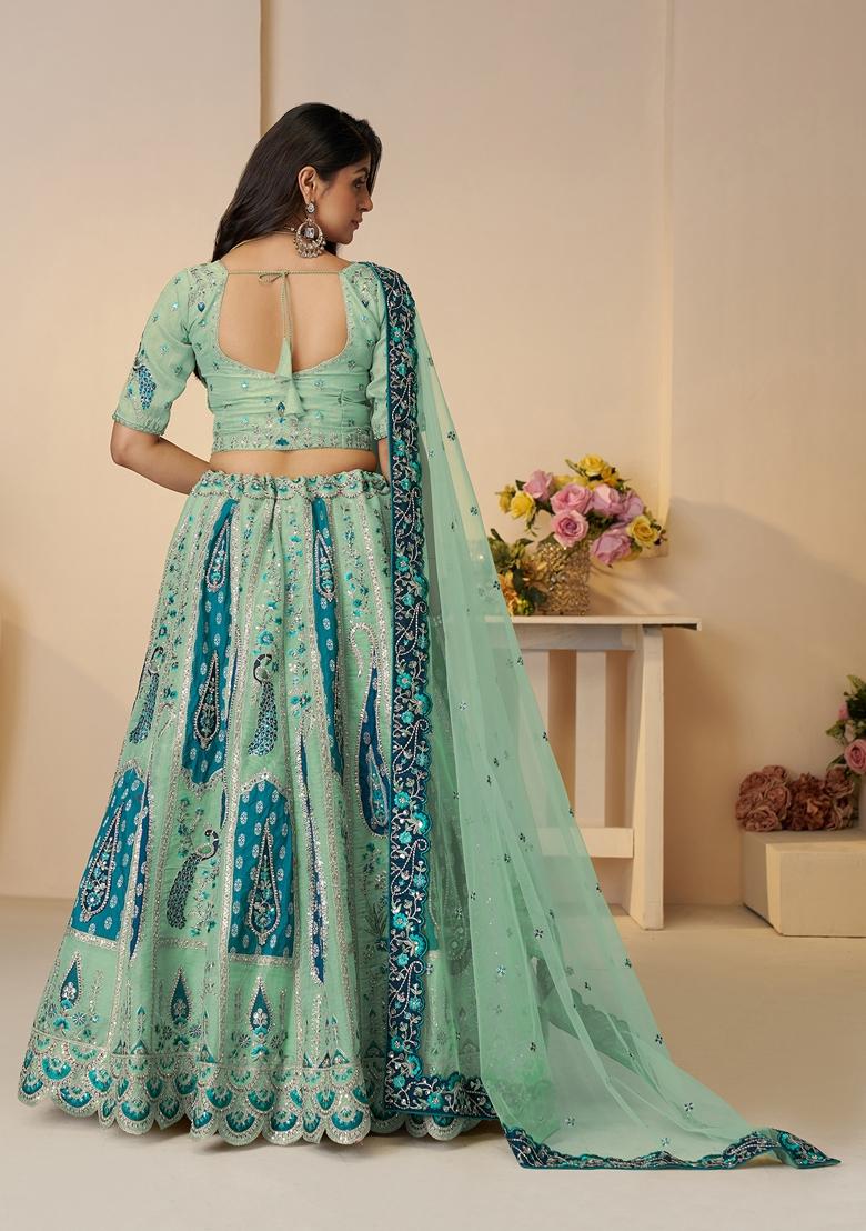 Sky Blue Embroidered Banarasi Silk Lehenga Set