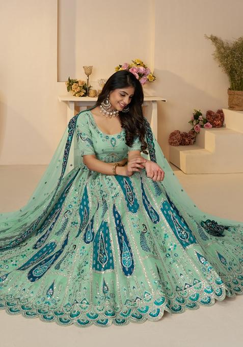 Sky Blue Embroidered Banarasi Silk Lehenga Set