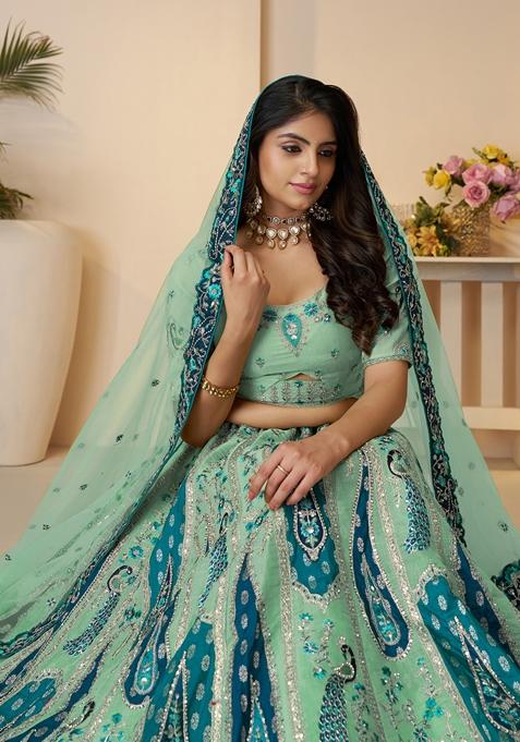 Sky Blue Embroidered Banarasi Silk Lehenga Set