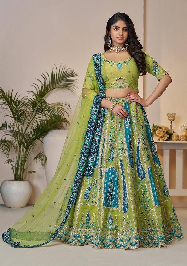 Green Embroidered Banarasi Silk Lehenga Set