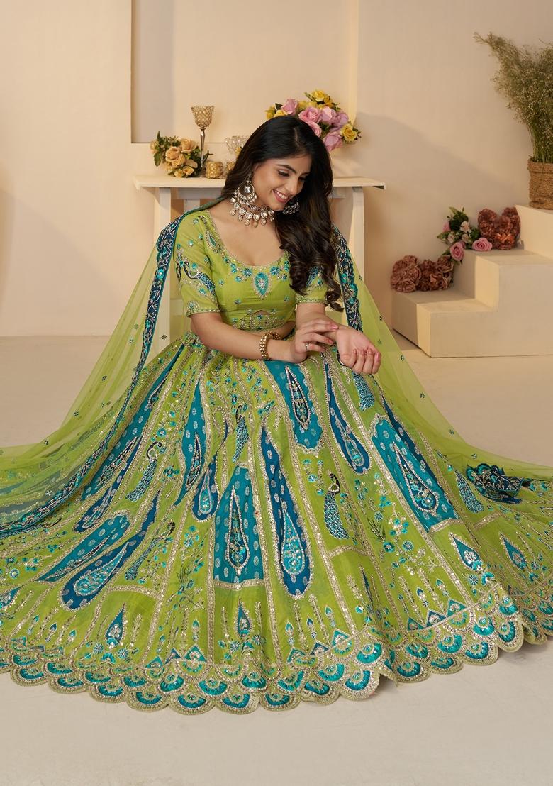 Green Embroidered Banarasi Silk Lehenga Set