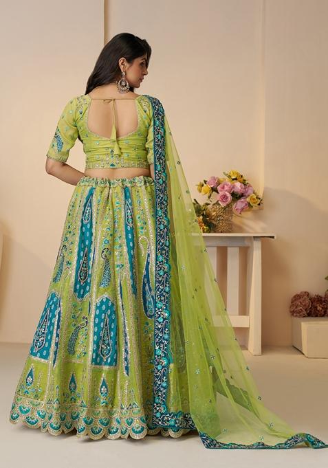 Green Embroidered Banarasi Silk Lehenga Set