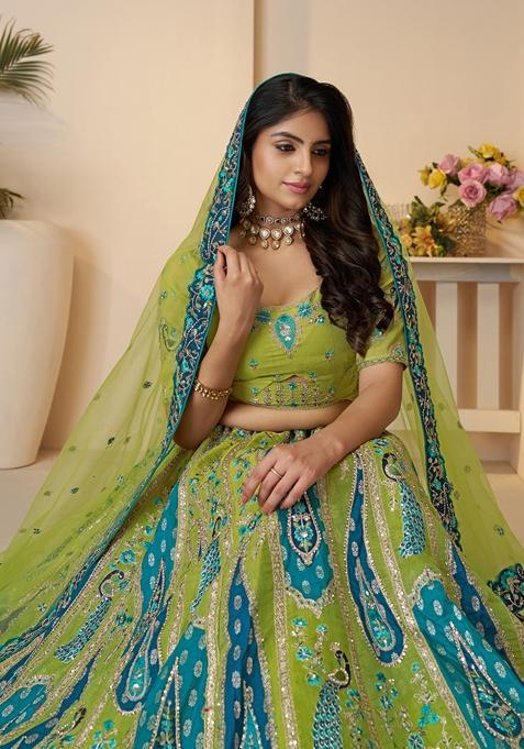 Green Embroidered Banarasi Silk Lehenga Set