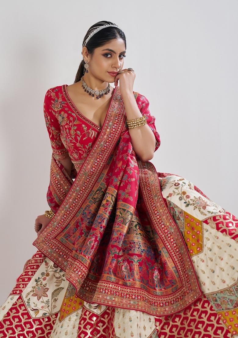 White Zari Work Banarasi Silk Lehenga Set