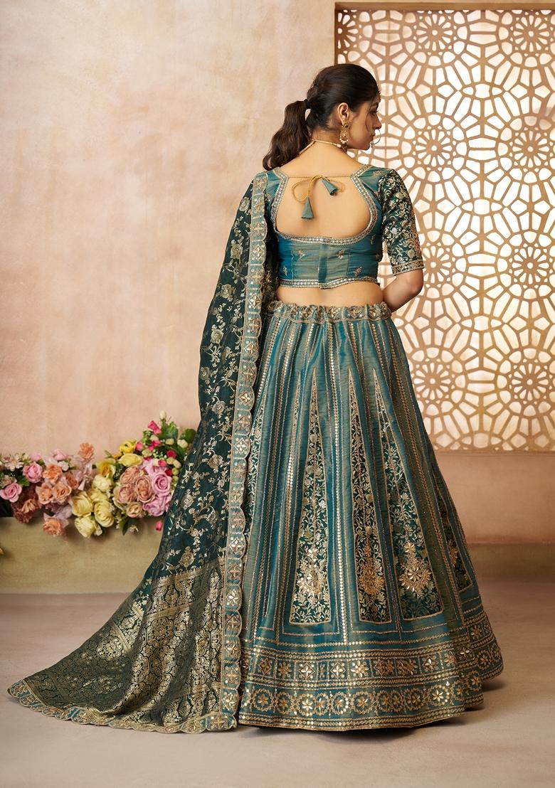 Green Embroidered Tissue Lehenga Set