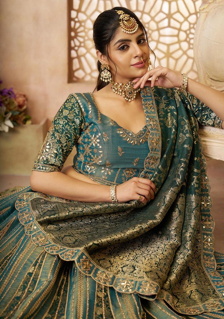 Green Embroidered Tissue Lehenga Set