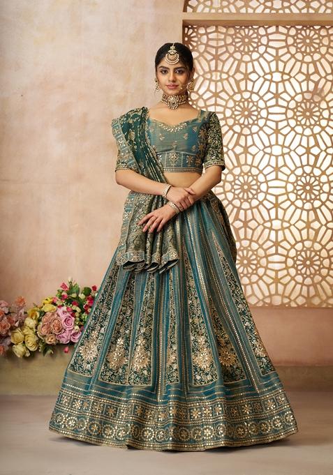 Green Embroidered Tissue Lehenga Set