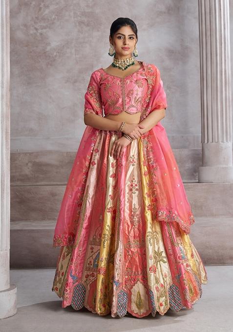 Pink Zari Work Banarasi Silk Lehenga Set