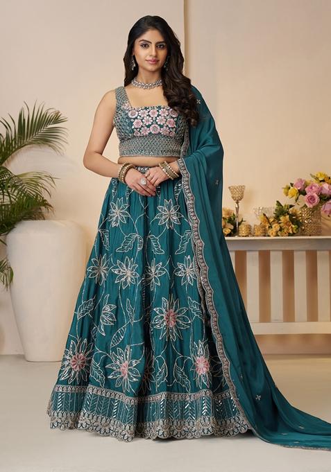 Blue Sequin Work Silk Lehenga Set