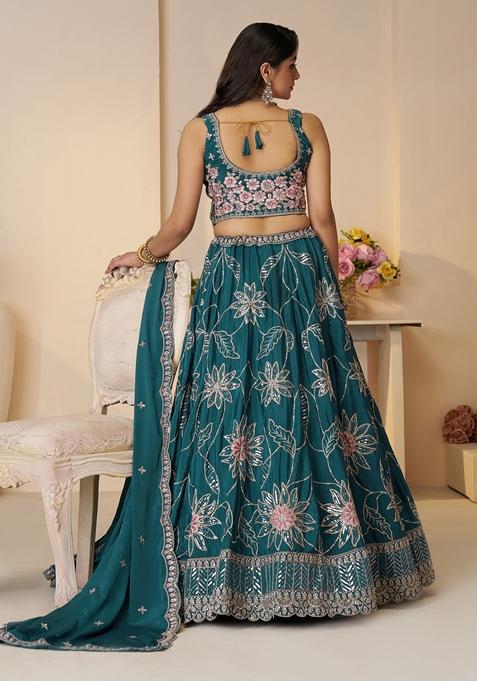 Blue Sequin Work Silk Lehenga Set