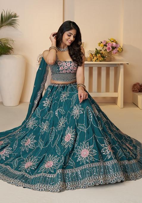 Blue Sequin Work Silk Lehenga Set