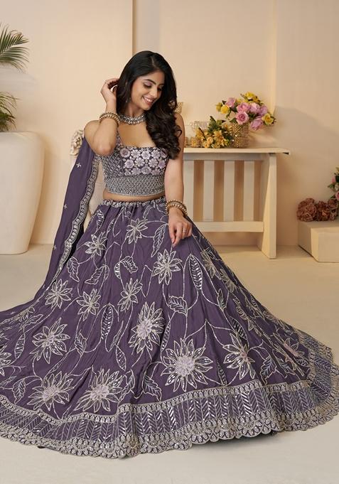 Purple Zari Work Silk Lehenga Set