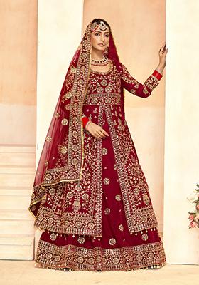 Maroon Embroidered Velvet Lehenga Set