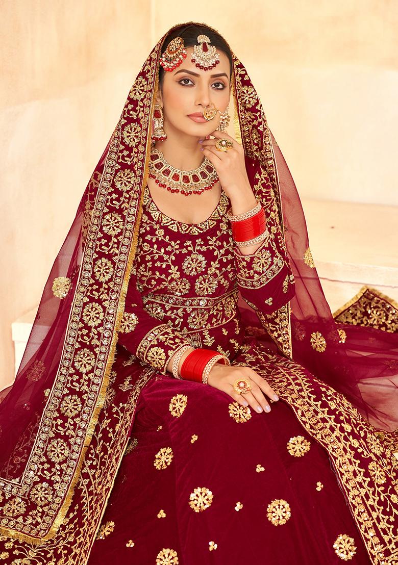 Maroon Embroidered Velvet Lehenga Set