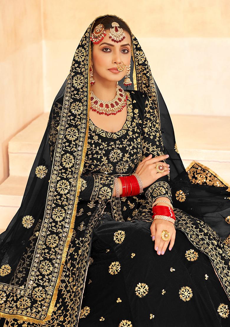 Black Embroidered Velvet Lehenga Set