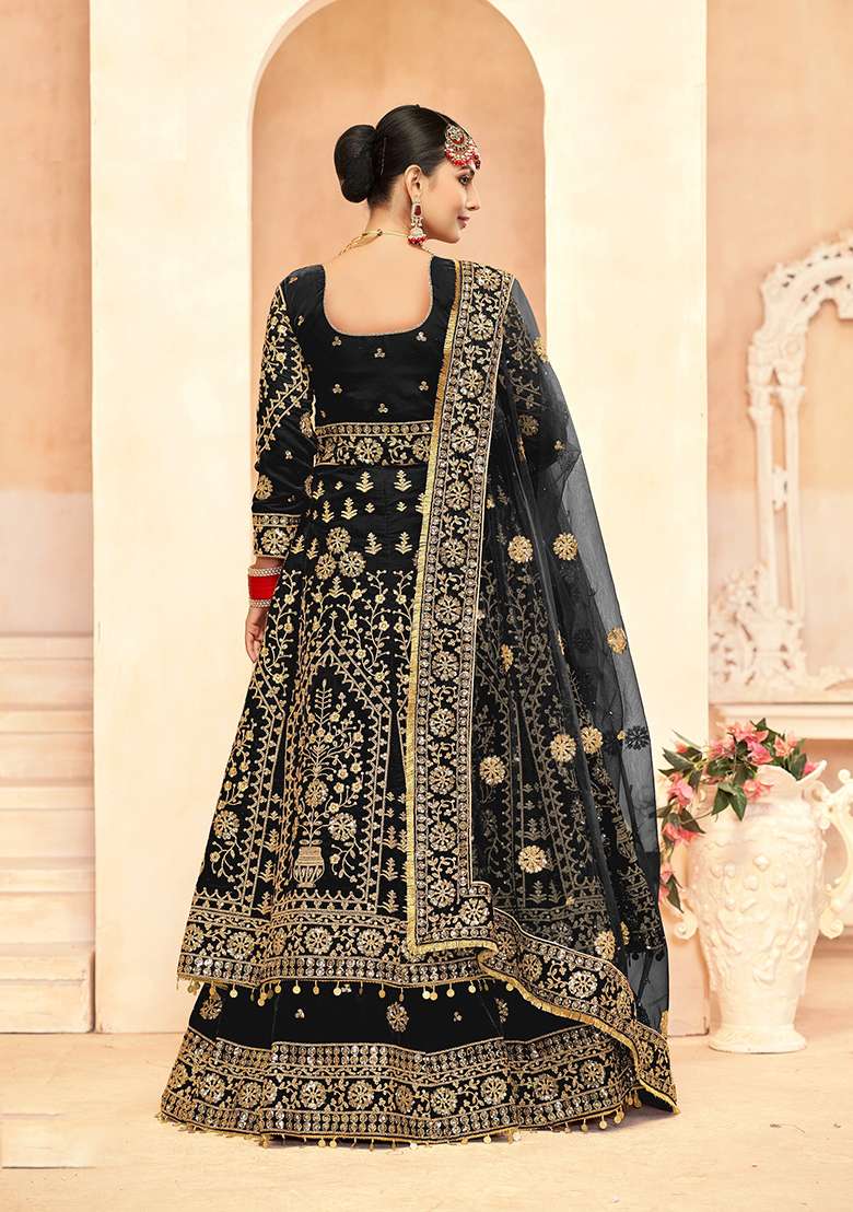 Black Velvet Lehenga Set with Embroidered for Diwali | Wedding & Festive Wear - Indya