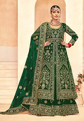 Green Embroidered Velvet Lehenga Set