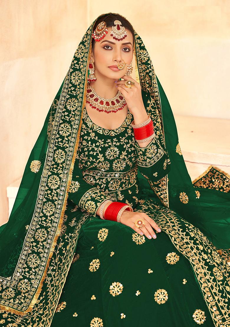 Green Embroidered Velvet Lehenga Set