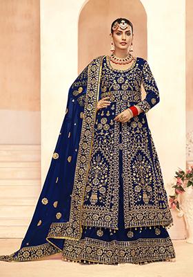 Blue Embroidered Velvet Lehenga Set