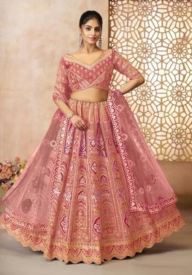 Pink Embroidered Banarasi Silk Wedding Lehenga Set With Dupatta
