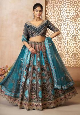 Blue Embroidered Banarasi Silk Bridal Lehenga Set With Dupatta